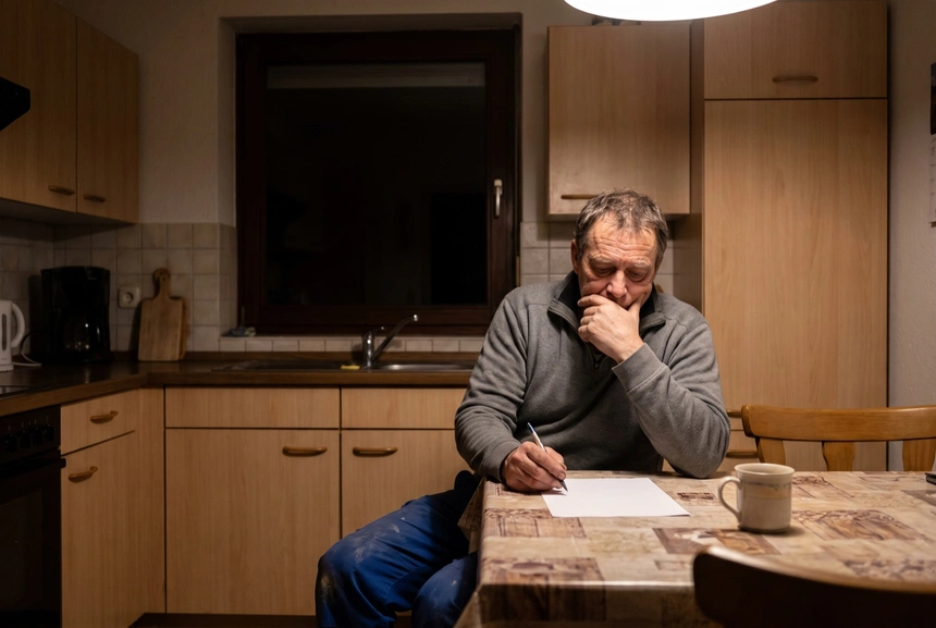 Ein Handwerker sitzt abends allein am Küchentisch, einen Stift in der Hand über einem leeren Blatt Papier