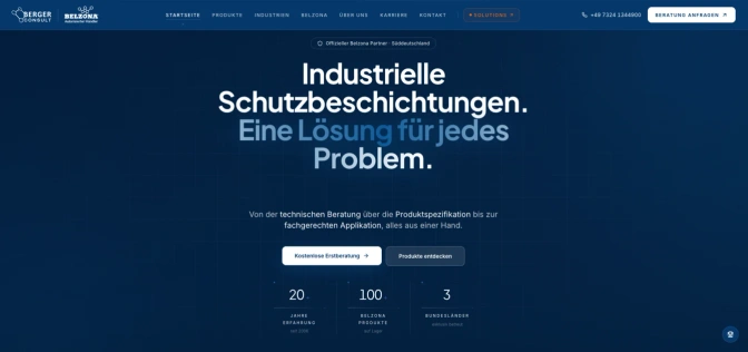 Startseite von Berger-Consult: dunkelblauer Einstieg mit der Überschrift Industrielle Schutzbeschichtungen, darunter zwei Schaltflächen und eine Zahlenleiste.
