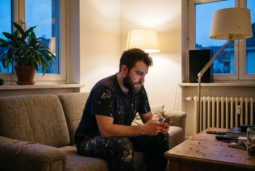 Ein Handwerker sitzt abends im Wohnzimmer auf dem Sofa, noch im Arbeitsshirt mit Farbspuren, und schaut auf sein Smartphone