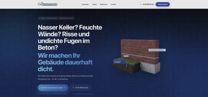 Landingpage von GZ-Abdichtungstechnik: Schnittzeichnung einer Ziegelwand mit eingezeichneter Horizontalsperre gegen aufsteigende Feuchtigkeit, links die Frage Nasser Keller, feuchte Wände.