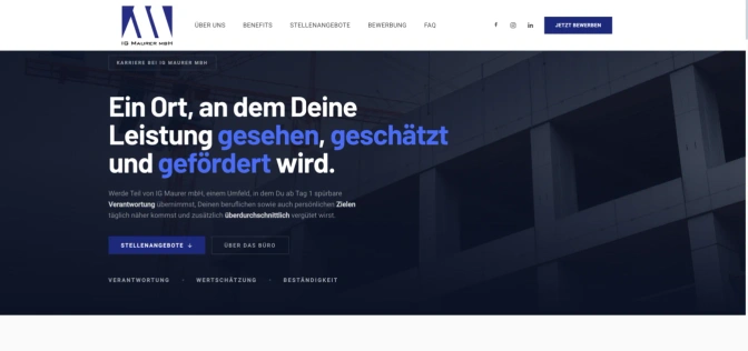 Karriereseite von IG Maurer: dunkles Foto eines Rohbaus, darüber die Überschrift Ein Ort, an dem Deine Leistung gesehen, geschätzt und gefördert wird.